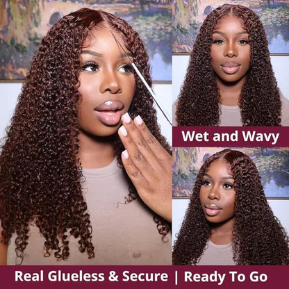 Beauty Forever Bye Bye Knots 7x5 Lace Front Wig Put on and Go Glueless Kinky Curly Human Hair Wigs,Reddish Brown Pre Cut Lace Closure Wigs Pre Plucked Hairline Pre Bleached Knots 150% Density 20inch