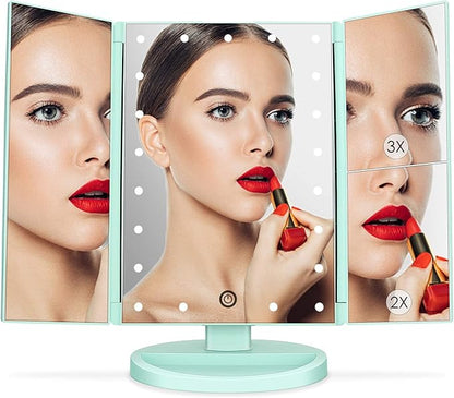deweisn Tri-Fold Lighted Vanity Mirror with 21 LED Lights, Touch Screen and 3X/2X/1X Magnification, Two Power Supply Mode Make up Mirror,Travel Mirror (Green)