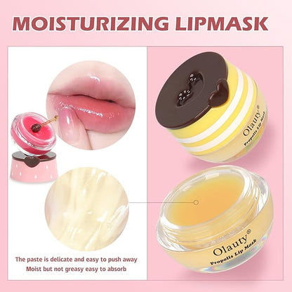 8 PCS Bee Lip Balm Lip Mask Honey Pot, Propolis Lip Mask Overnight Moisturizing Lip Balm with Stick, Sleeping Lip Mask Hydrating Prevention Dry & Cracked,Reduce Lip Lines Lip Scrubs Exfoliato Lip Care