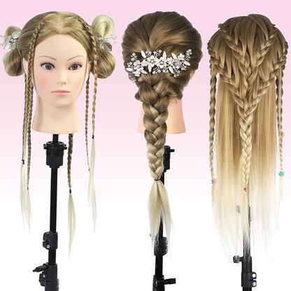 Neverland Beauty Mannequin Head with Hair and Wig Stand Tripod Set, 26 Inch Ombre Golden Mannequin Head with Stand Hair Braiding Cosmetology Manikin Head with Tripod For Braiding Styling
