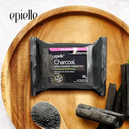 Epielle Charcoal Makeup Remover Wipes | For All Skin Types | Daily Facial Towelettes | Removes Dirt, Oil, Waterproof Makeup | Pack of 2 | Korean Skincare