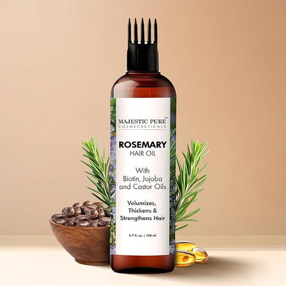 Majestic Pure 100% Pure Rosemary Oil with Biotin for Hair Care, Strengthening, Nourishing, and Volumizing Formula with Jojoba Oil and Castor Oil - Non GMO Verified, 198 ml