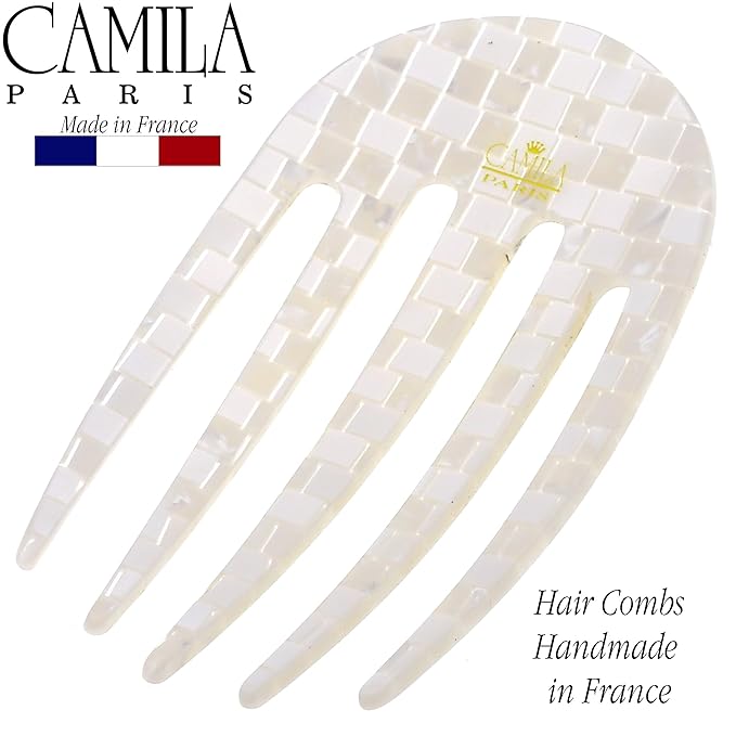 Camila Paris CP3409 French Hair Side Comb Rounded, Nacro White, Handmade French Twist Hair Combs, Strong Hold Hair Clips for Women Bun Chignon, No Slip Styling Girls Hair Accessories Made in France