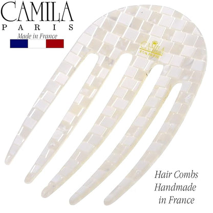 Camila Paris CP3409 French Hair Side Comb Rounded, Nacro White, Handmade French Twist Hair Combs, Strong Hold Hair Clips for Women Bun Chignon, No Slip Styling Girls Hair Accessories Made in France
