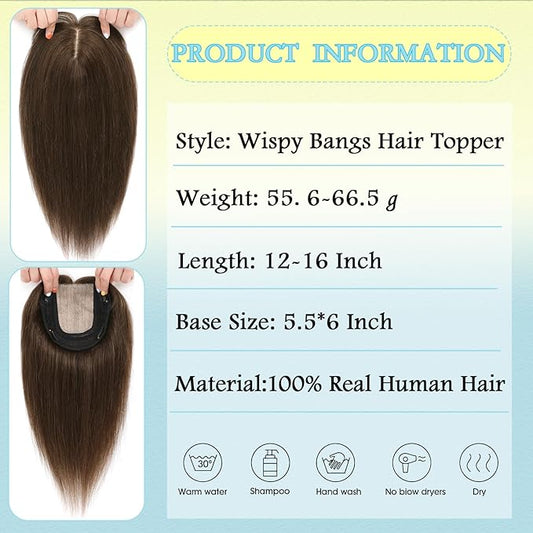 Hair Toppers for Women Real Human Hair, 360° 3D Toppers Pieces for Women with Thinning Crown Wispy Bangs 16 Inch Upgrade Big Basement (Medium Brown, 16 Inch Wispy Bangs)