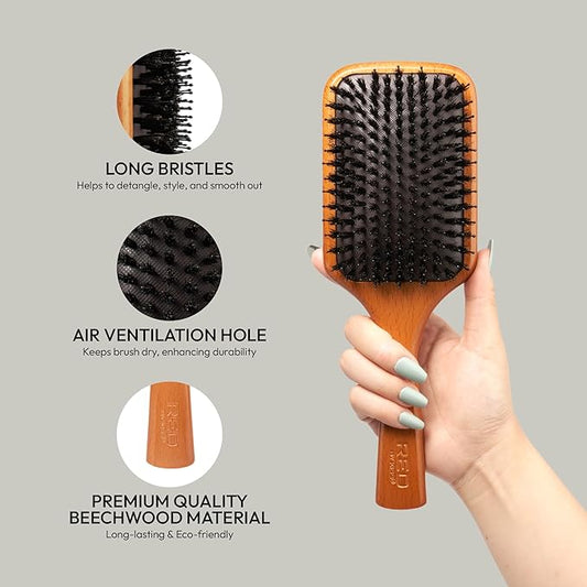 RED Premium 100% Evergreen Wooden Detangling Brush - Boar Bristle Paddle with Long Bristles for Thick, Curly, Thin, Wet or Dry Hair (Square) for Long Lasting Shine