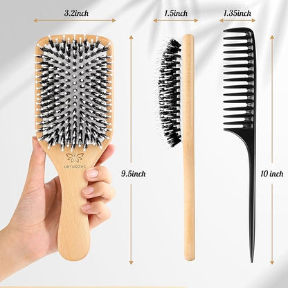 Hair Brush,Boar Bristle Hair Brushes and Styling Comb Set for Women Men Kids, Best Natural Wooden Paddle Hairbrush for Wet or Dry Hair Detangling Smoothing Massaging