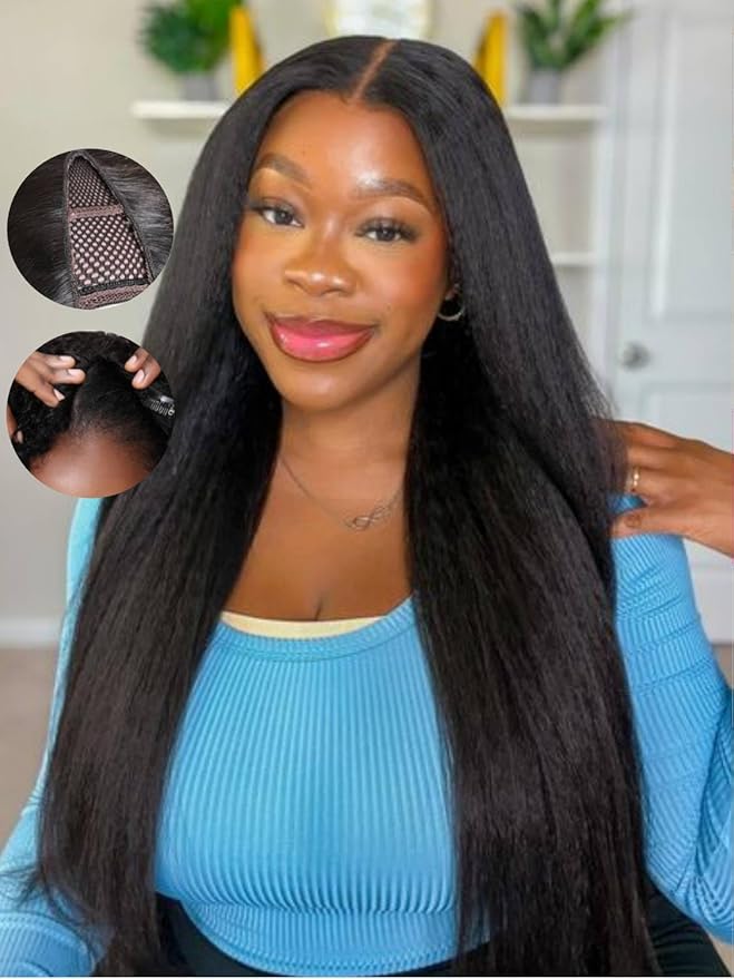 Beauty Forever V Part Wig Human Hair Kinky Straight EasiContour Vpart Wigs Upgrade U Part Wigs Glueless Full Head Clip In V Shape Wigs No Leave Out Drawstring Wig 150% Density 18inch