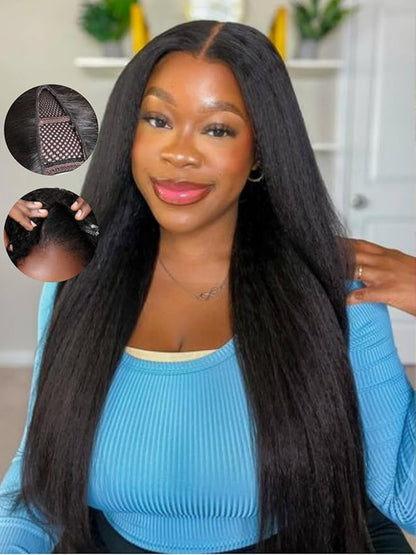 Beauty Forever V Part Wig Human Hair Kinky Straight EasiContour Vpart Wigs Upgrade U Part Wigs Glueless Full Head Clip In V Shape Wigs No Leave Out Drawstring Wig 150% Density 18inch