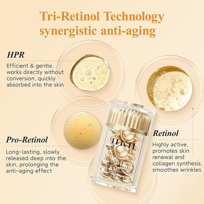 HKH Retinol + HPR Serum for Face - Anti-Aging Wrinkle Night Retinol Capsules, Peptide Serum for Women, Reduce Fine Lines, Tighten Sagging Skin, Fragrance-Free, Alcohol-Free & Non-Greas