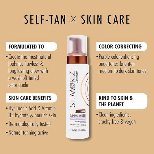 St. Moriz Advanced Color Correcting Self Tanner Mousse in Dark - 230ml - Color Correcting Instant Self Tanning Foam for Face & Body - Long Lasting & Streak Free Sunless Self Tanner
