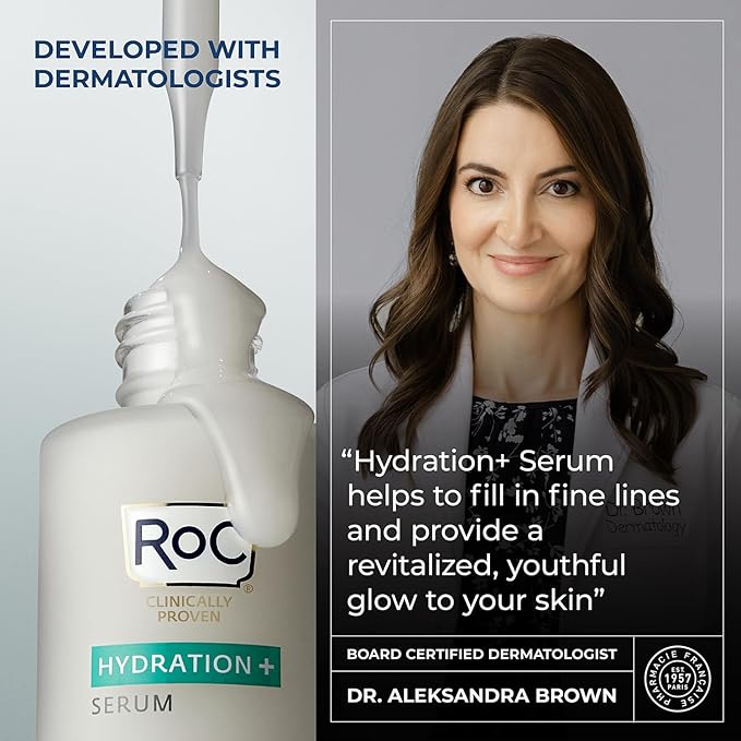 RoC Hydration+ Hyaluronic Acid Serum for Face, Hydrating, Plumping, Fragrance Free, Lightweight Formula with Collagen Proteins (1 Ounce) with Retinol Eye Cream Packette