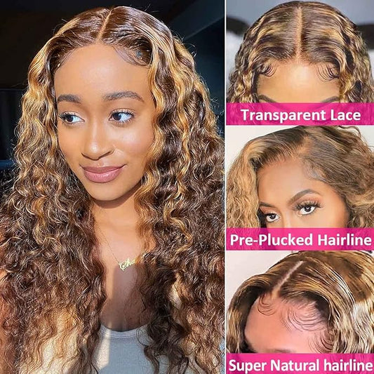 5x5 Highlight Water Wave Closure Wigs Human Hair 180% Density Curly Human Hair Wig Pre Plucked 16inch P4/27 Ombre 5x5 HD Lace Closure Wigs for Women(427curly 16inch)