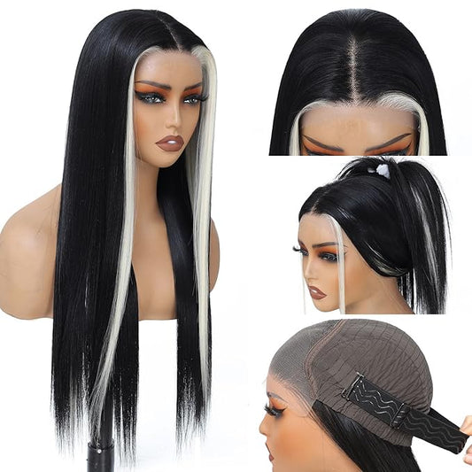 Glueless 7x5 Lace Front Wig for Women Skunk Stripe Wig Synthetic Lace Wig Pre Plucked HD Lace Straight Wig Ready to Wear Long Straight Black and Blonde Wig 26inch