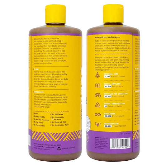 Alaffia Authentic African Black Soap, Wild Lavender, 2-Pack – All-in-One Moisturizing Cleanser for Face, Hands, Body & Hair, 32 Oz Ea