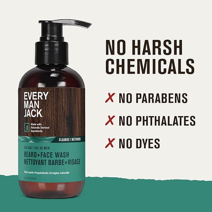 Every Man Jack Beard + Face Wash - Subtle Sea Salt Fragrance - Deep Cleans, Conditions, and Softens Your Beard and Skin Underneath - Naturally Derived with Coconut Oil, Glycerin, and Coconut - 6.7-fl oz (2 Pack)