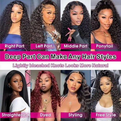 13x6 Deep Wave Lace Front Wigs Human Hair 180% Density HD Transparent Deep Curly Human Hair Wig Pre Plucked Brazilian Virgin Hair with Baby Hair Wet and Wavy for Women Natural Black 20 Inch
