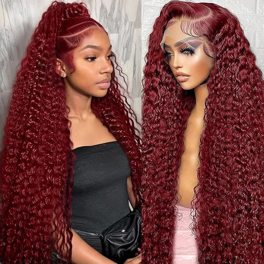 CHEETAHBEAUTY 99J Burgundy 13X6 HD Transparent Lace Front Wigs Human Hair Brazilian Virgin Human Hair Wigs for Black Women Deep Wave Wigs Pre Plucked with Baby Hair 250% Density(36inch)