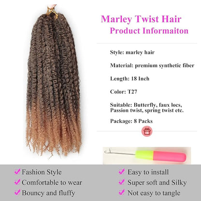 Marley Twist Braiding Hair 18 Inch 8 Packs – Fluffy&Tangle-Free Cuban Twist Hair for Braiding, Natural Look Synthetic Long-Lasting Spring Afro Kinky Twist Hair Extensions (1B/27)