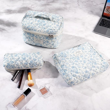 Makeup Bag, 3 Pcs Cotton Floral Quilted Makeup Bag Set, Large Toiletry Travel Cosmetic Bag for Women
