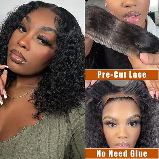 Glueless Bob Wigs Human Hair Pre Plucked Pre Cut Short Curly Human Hair Wigs for Black Women 5x5 HD Lace Closure Water Wave Wear and Go Glueless Wigs 180% Density 12 Inch