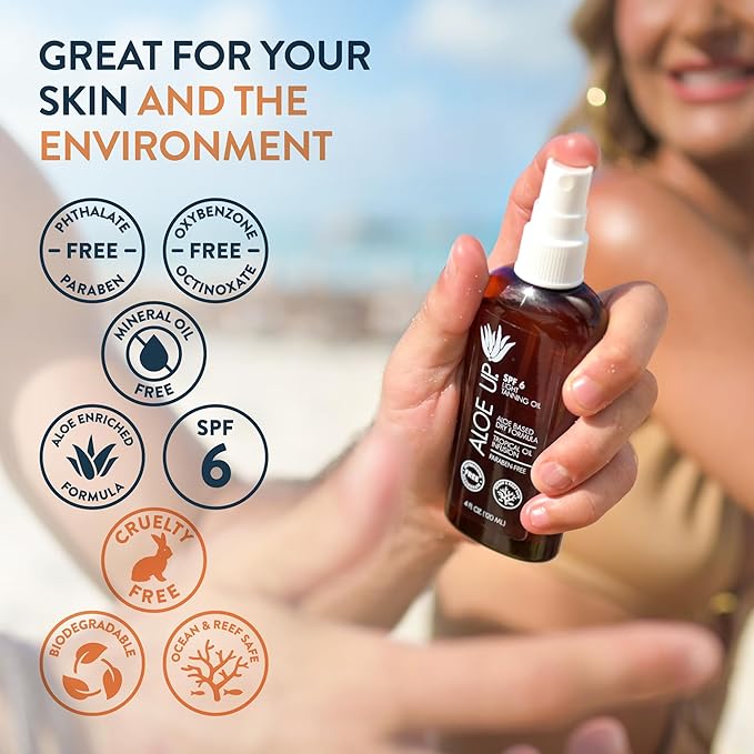 Aloe Up Light Tanning Oil With SPF 6 Sunscreen - Body and Face Tanning Oil for Outdoor Sun - With Pure Aloe Vera Oil and Natural Oils - Absorbs Quickly - Reef Friendly - Fresh Tropical Scent - 4 Oz