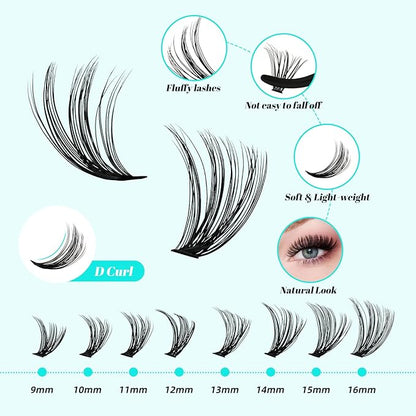 Lash Extension Kit 320Pcs,DIY Individual Lashes Clusters Kit,Lash Bond And Seal,Lash Remover For Eyelashes Extensions,Lash Applicator Tool For False Eyelash Cluster Kit At Home(40D50D,D-Mix9-16mmKit)