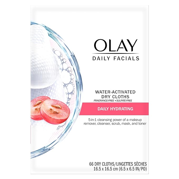Olay Daily Facials, Daily Clean Makeup Removing Facial Cleansing Wipes, 5-in-1 Water Activated Cloths, Exfoliates, Tones and Hydrates Skin, 66 count