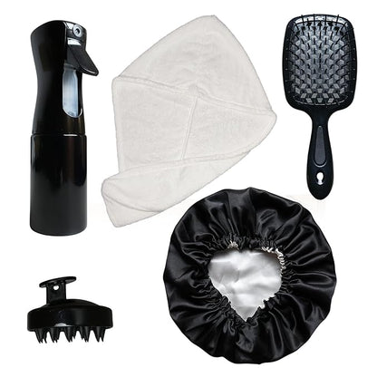 Curly Hair Essentials Set - Mist Spray Bottle For Styling, Detangler Brush, Scalp Massager For Hair Growth, Silicone Scrubber, Turban Towel For Women, Microfiber Wrap, Satin Sleeping Bonnet