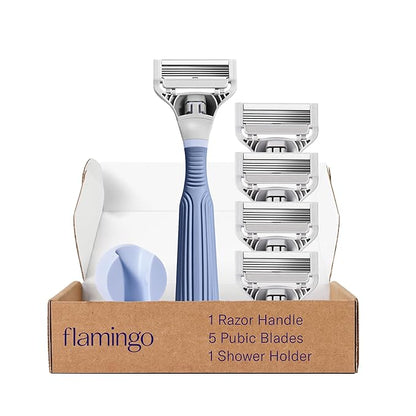 Flamingo Pubic Hair Razor for Women, Shaving Kit, 1 Pubic Razor Handle, 4 Five-Blade Refills, 1 Shower Holder, Starter Set, Full Kit