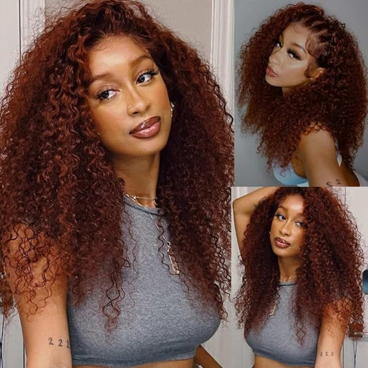 Beauty Forever Pre Everything Glueless Frontal Wig 13x4 Reddish Brown Curly Pre Cut Lace Front Wigs Bye Bye Knots Put on and Go HD Lace Human Hair Wig Pre-Bleached Knots 150% Density 24 Inch