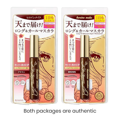 HEROINE MAKE by KISSME Long & Curl Up | Waterproof Mascara Brown, Lengthening & Volume Fiber Tubing Mascara Makeup, WP 02 Brown