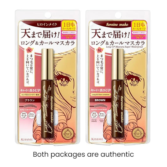 HEROINE MAKE by KISSME Long & Curl Up | Waterproof Mascara Brown, Lengthening & Volume Fiber Tubing Mascara Makeup, WP 02 Brown