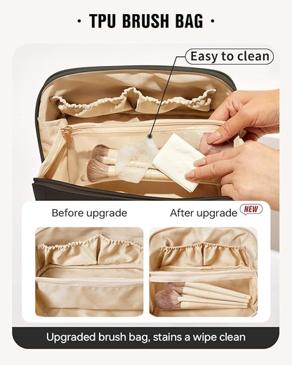 EACHY Travel Makeup Bag,Large Capacity Cosmetic Bags for Women,Waterproof Portable Pouch Open Flat Toiletry Bag Make up Organizer with Divider and Handle