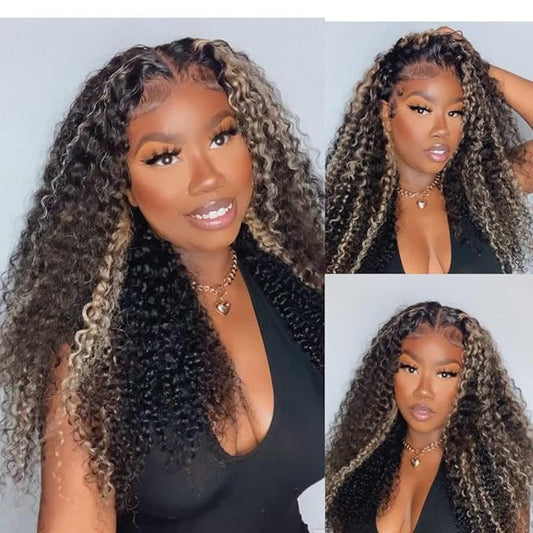 Beauty Forever 7X5 Bye Bye Knots Pre Cut Lace Balayage Black Blonde Highlights Jerry Curly Put on Go Glueless Lace Front Wig,Invisible Knots Human Hair Wigs Pre Plucked Hairline 150% Density 16 Inch