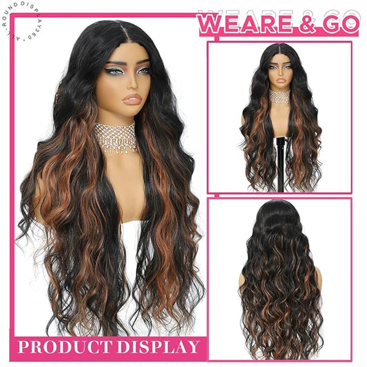 30 Inch Synthetic Lace Front Wig, 4X1 Glueless Pre-Cut Lace Wear and GO Synthetic Wavy Wig for Women Body Wave Middle Part, Beginner-Friendly for Daily Use (Black mix Brown)