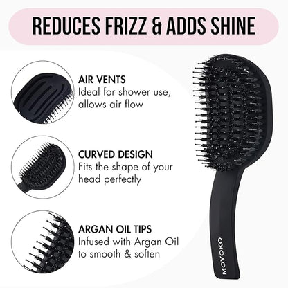 MOYOKO Detangler Brush for Curly Hair, Thick, Straight - Ergonomic Curved Detangling Hair Brush for Women, Girls, Prevents Breakage, Detangle Shower Hairbrush for Wet & Dry Hair (Black)