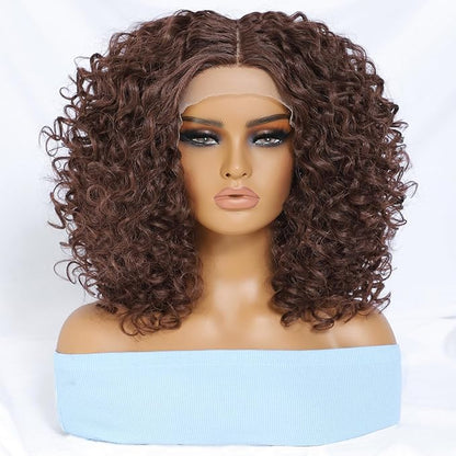 Felek 16inch Curly Middle Part Lace Front Wigs Copper Brown Jerry Curl Wig T Lace Front Curly Glueless Synthetic Pre-Plucked Deep Curly Wigs For Black Women (M33/30)