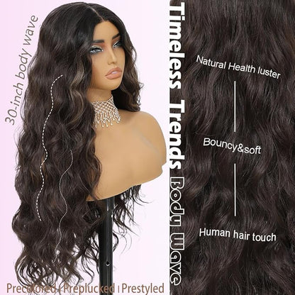 30 Inch Synthetic Lace Front Wig, 4X1 Glueless Pre-Cut Lace Wear and GO Synthetic Wavy Wig for Women Body Wave Middle Part, Beginner-Friendly for Daily Use (Skunk Stripe Brown)