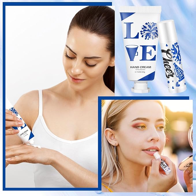144 Pcs Blue Cheer Favors Natural Bulk Lip Balm and Hand Cream Set, Include 36 Lip Balm 36 Moisturizing Hand Cream 36 Bags 36 Card and Rope Cheer Accessories for Christmas Sports Party Gifts
