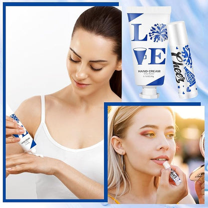 144 Pcs Blue Cheer Favors Natural Bulk Lip Balm and Hand Cream Set, Include 36 Lip Balm 36 Moisturizing Hand Cream 36 Bags 36 Card and Rope Cheer Accessories for Christmas Sports Party Gifts