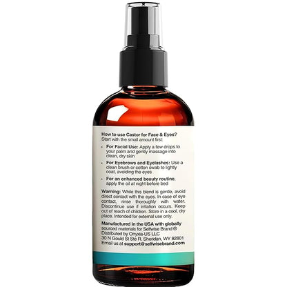 Organic Castor Oil For Face Moisturizer, Eyes, Eyelashes, Eyebrows, Wrinkles with Jojoba, Rosehip, Grapeseed, Squalane, Palmarosa, Bergamot and Vitamin E for Gentle Skin, Men & Women 1oz