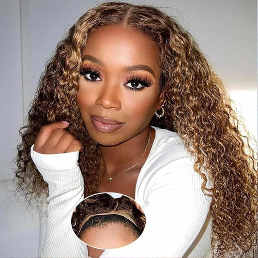 Beauty Forever Bye Bye Knots 7X5 Pre Cut Lace Honey Blonde Highlight Jerry Curly Put on Go Glueless Lace Front Wig,Mixed Color Invisible Knots Human Hair Wigs Pre Plucked Hairline 150% Density 24 Inch