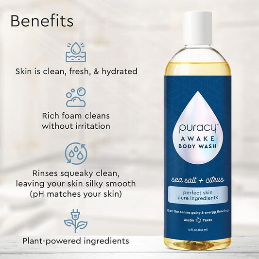 Puracy Body Wash, Natural Body Wash, 98.6% Pure Plant Ingredients, Moisturizing Shower Gel for Women Men Kids, Body Soap for Dry Sensitive Skin. Gently Scented with Citrus & Sea Salt, 12 Oz (2-Pack)