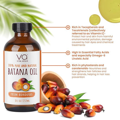 Batana Oil For Hair Growth - 100% Raw Oil From Honduras - Glass Bottle - Rich In Essential Nutrients - For Strong & Shiny Hair - 8 FlOz