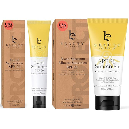 Mineral Sunscreen Set - USA Made Mineral Face & Body Reef Friendly Sunscreen With Natural & Organic Ingredients, Biodegradable Zinc Oxide for Daily Use, Facial & Body Lotion Set