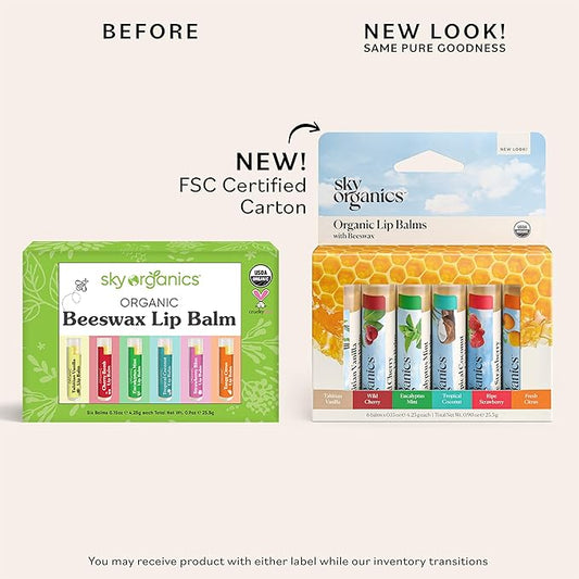 Sky Organics Organic Lip Balms With Beeswax for Lips, USDA Certified Organic, Six Assorted Flavors to Moisturize, Soothe & Soften, 6pk.