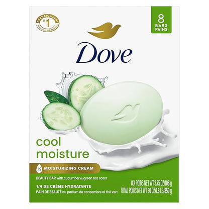 Dove Beauty Bar Soap Cool Moisture Cucumber & Green Tea Scent, 8 Bars for Refreshed Skin, Leaves Skin Refreshed 8 x 3.75 oz