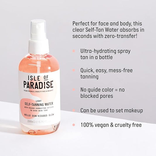 Isle of Paradise Self Tanning Water, Light (Sunkissed Glow) - Color Correcting Self Tan Spray for Bright and Even Skin, Vegan and Cruelty Free, 6.76 Fl Oz