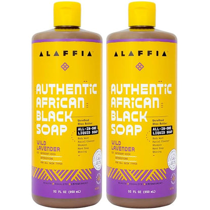 Alaffia Authentic African Black Soap, Wild Lavender, 2-Pack – All-in-One Moisturizing Cleanser for Face, Hands, Body & Hair, 32 Oz Ea